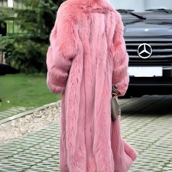 Pink Womens Luxurious Waterfall Neckline Flowy Faux Fur Long Jacket Coat - Picture 7 of 13